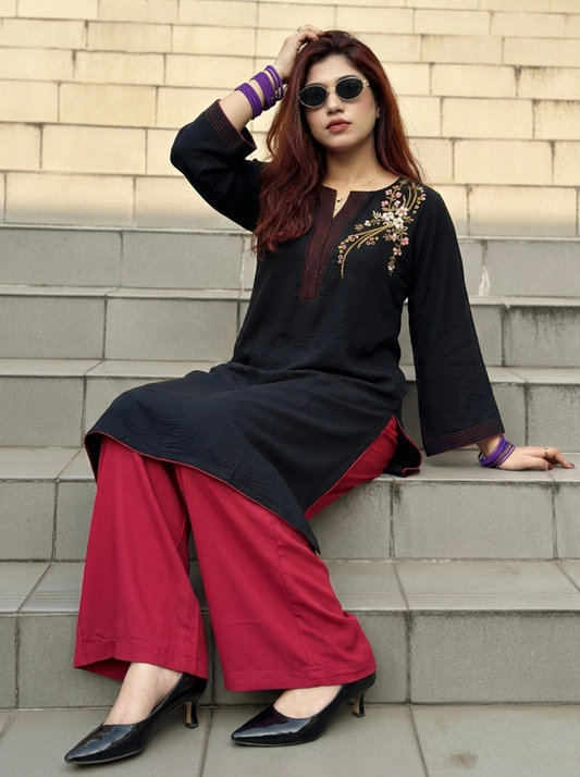 Lavender & Black Hand-Embroidered Kurti