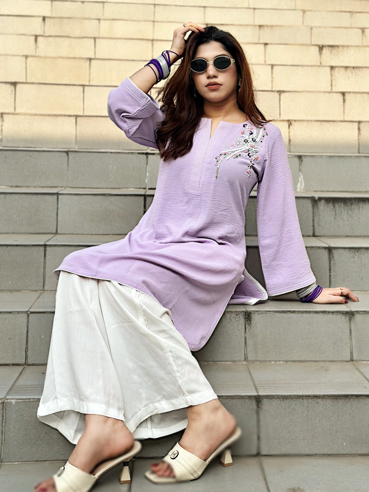 Lavender & Black Hand-Embroidered Kurti