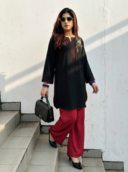 Lavender & Black Hand-Embroidered Kurti